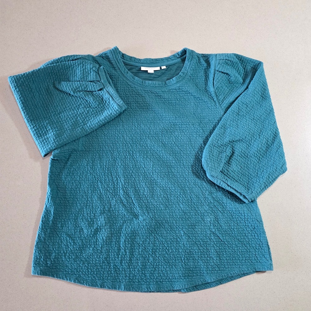 Chico's Teal Textured Knit Puff Sleeve Top Size 2 US Large Crew Neck 3/4 Sleeve